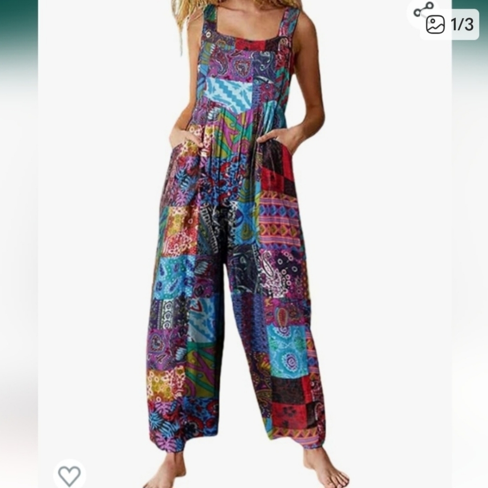 New Womans Bohemian BoHo Hippie Colorfull Overalls Loose Fit Wide Leg M- Large